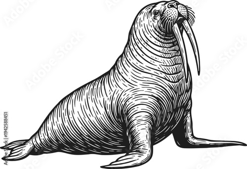 Detailed walrus illustration with long tusks and whiskers, monochrome marine animal drawing