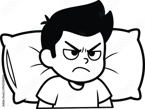 a black and white cartoon illustration depicts an angry boy lying in bed with pillows expressing frustration and annoyance high quality