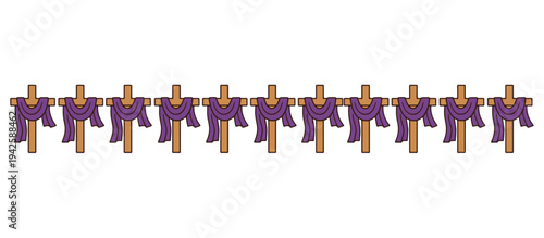 Vector icons of wooden crosses with purple drapes. Christian symbols for Lent and Holy Week. Religious illustration of Good Friday crosses in a row