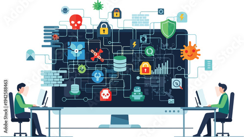 A cybersecurity team monitors a large dashboard displaying various security icons and graphs in a modern office setting with a focus on threat analysis and network protection.