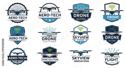 Collection of drone logo designs featuring various styles and branding elements.