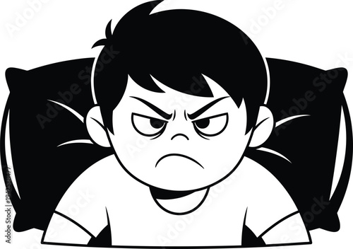 a black and white illustration depicts a young boy in bed looking angry with furrowed brows and a stern expression