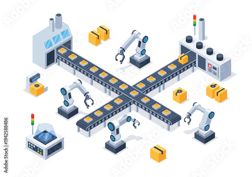 Automated factory production line with robotic arms assembling products on a conveyor belt