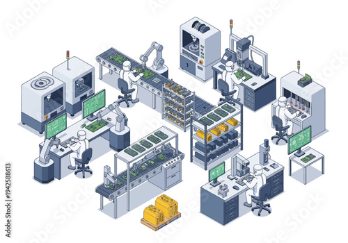 Automated factory production line with robots and workers manufacturing products