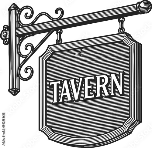 Vintage tavern hanging signboard with ornamental metal bracket in retro engraving