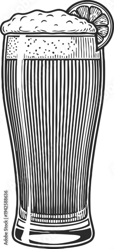 Glass of refreshing beer with foam and lemon slice garnish black and white vintage illustration