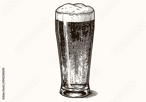 Classic pint glass filled with foamy beer, hand drawn vintage illustration of cold beverage