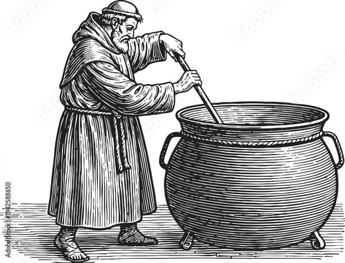 Medieval monk stirring large cauldron, vintage engraving of a robed man cooking potion or stew