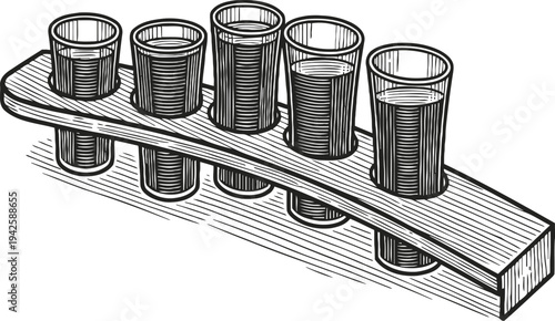Set of six wooden shot glasses on a curved holder, classic bar drinking concept illustration