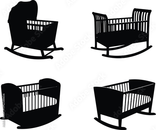 A collection of four black silhouette illustrations depicting various styles of baby cradles and cribs emphasizing nursery furniture high quality professional