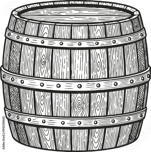 Vintage wooden barrel illustration with iron hoops and wood texture, rustic storage container design