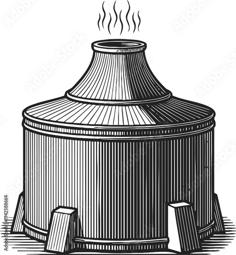 vintage distillation apparatus with steam rising old fashioned still used for distilling liquids, traditional design