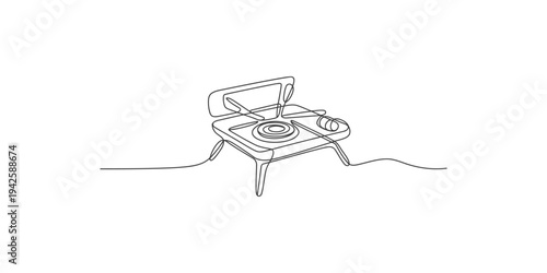 Continuous line drawing of a vintage gramophone with a record and horn player antique music