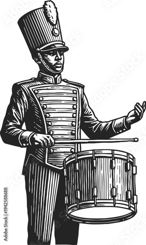 marching band drummer in uniform playing snare drum classic parade musician with baton