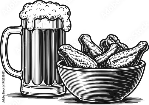 Beer mug with foam and bowl of fried chicken wings bar pub drink and snack illustration