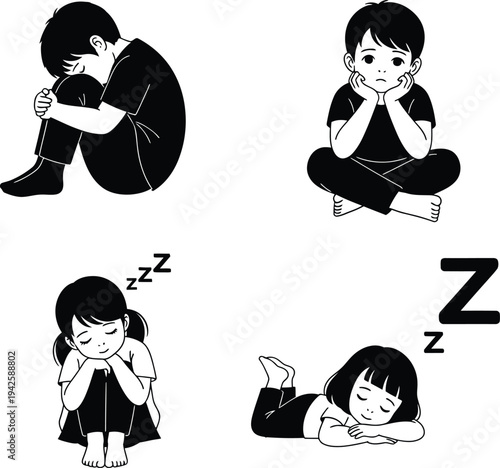 a collection of simple black and white cartoon illustrations depicting children in postures of sadness and sleepiness conveying emotional states