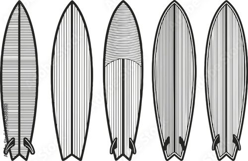 Five minimalist surfboard illustrations with stripe patterns and fish tail fin designs