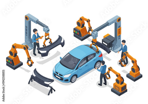 Automotive manufacturing process with robotic arms assembling a car and human technicians