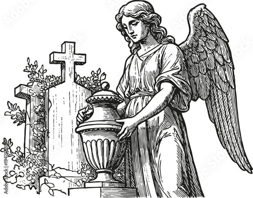 Angel holding urn near graves with crosses cemetery memorial and mourning sculpture