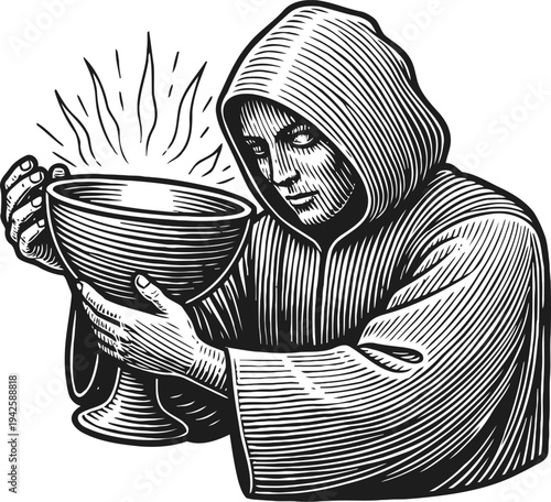 Monk in hooded robe holding glowing chalice cup, medieval religious ritual illustration