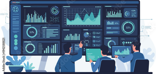 A cybersecurity team monitors a comprehensive dashboard with various graphs and charts in a modern office setting with a professional and technological mood.