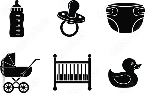 a collection of simplistic black silhouette icons representing common baby essentials such as bottles pacifiers and diapers high quality professional detailed