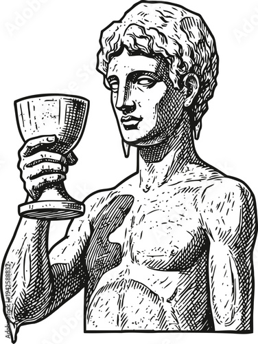 Ancient greek statue holding a chalice, classical sculpture of a male figure with detailed carving