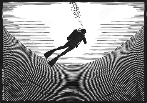 Scuba diver swimming underwater near deep ocean floor with air bubbles in black and white illustration