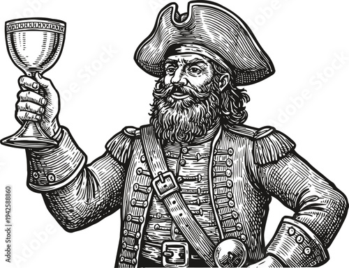 Pirate captain raising a goblet vintage hand drawn engraving of bearded sailor in military coat and tricorn hat