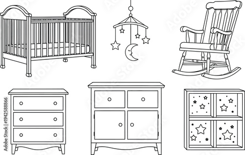 A charming black and white illustration depicts nursery furniture including a crib rocking chair dressers and storage cubes creating a peaceful atmosphere