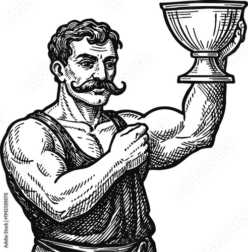 Strong man with mustache flexing muscles and holding trophy cup in vintage engraving
