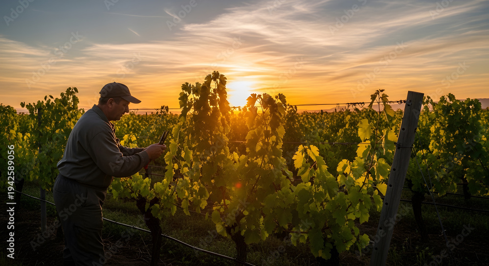 Fototapeta premium Profile view of an elderly worker using shears to prune green grape leaves in a vast vineyard during golden hour