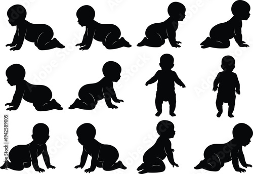 a collection of black silhouette images depicting infants in various stages of physical development crawling and standing high quality professional detailed