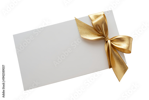 Elegant white card with gold ribbon bow, a blank gift card template for your message