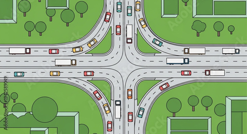 Aerial View of a Busy Highway Interchange with Traffic.