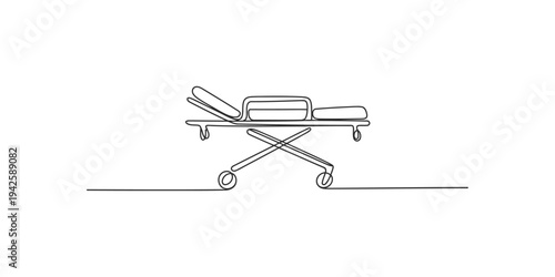 Continuous line drawing of a medical hospital bed on wheels art equipment healthcare patient wheel