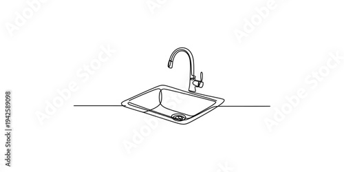 Line drawing of a single bowl kitchen sink with faucet plumbing basin fixture interior appliance