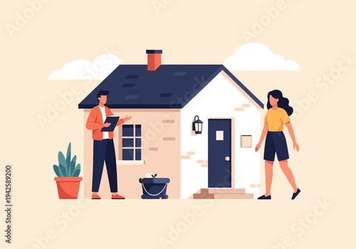 Illustration of a couple viewing a house, with one person holding a clipboard and the other standing nearby