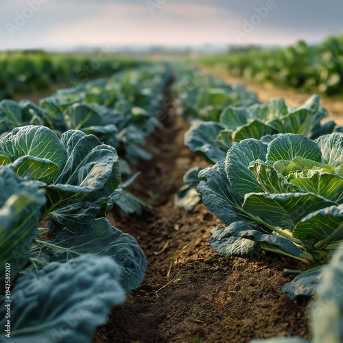 Landscape with agricultural land. Cabbage plantations grow in the field, vegetable rows, farming and agriculture. 