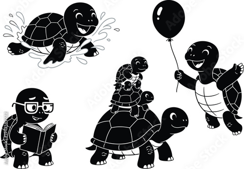 Adorable cartoon turtles engage in playful activities like swimming reading stacking and celebrating with a balloon high quality professional detailed modern