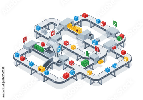 Automated factory conveyor belt system with colorful boxes moving through a complex assembly line