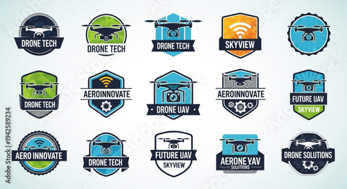 Collection of drone-themed logo designs with various color schemes and badge shapes.