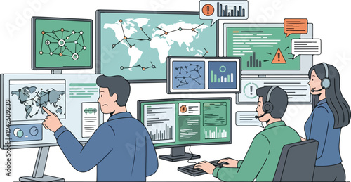 A cybersecurity team in a modern office setting monitor a large dashboard with multiple screens and graphs, analyzing data with a focus on security.