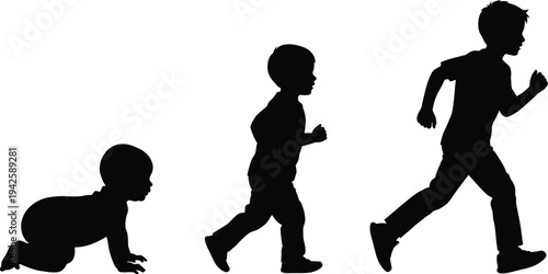 A striking black silhouette showcases the progression of human development from infant crawling to a child running freely high quality professional