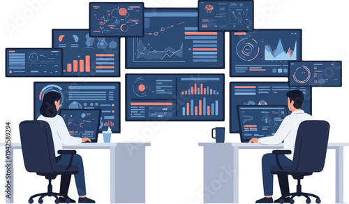 Two professionals working at desks with multiple computer screens displaying a cybersecurity team's monitoring dashboard in a modern office setting.