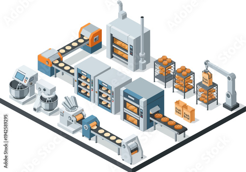 Industrial bakery production line with automated baking and packaging machinery