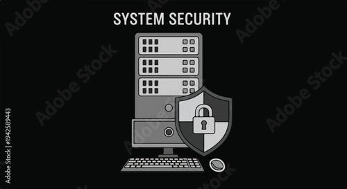 A cybersecurity team monitoring a dashboard with a computer server, shield, and lock icons on a black background, conveying a secure and protected mood with a focus on system security.