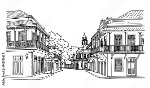 Historic Roseau Dominica architecture sketch vector illustration Caribbean city landmark