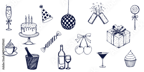 A collection of hand drawn party supplies including cake champagne and festive decorations high-quality