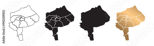 Maps of Yazd province in Iran, in various formats, with black and gold borders.